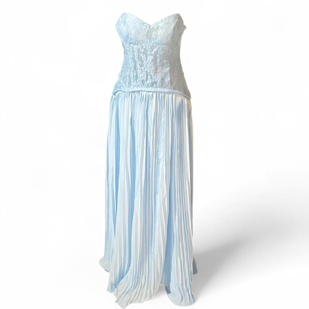 NWT Sky Blue Lace Corset Pleated Long Maxi Dress Lace Up Back Prom Formal Gown S